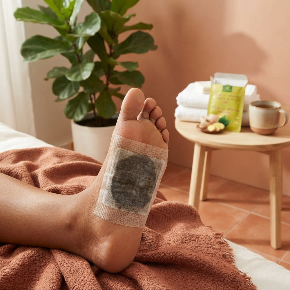 A close-up view of a detox foot patch applied to a person's foot, showing natural usage results in a modern home environment.