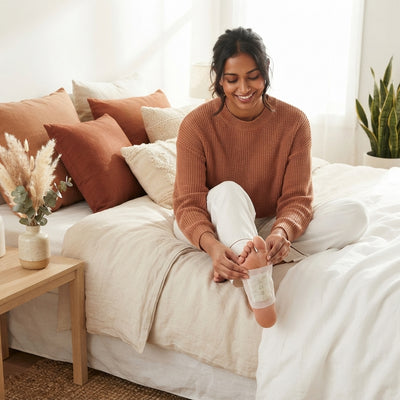 A South Asian woman applying a detox foot patch to her foot in a brightly lit, modern bedroom with terracotta and white accen