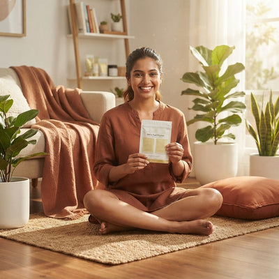 A smiling Indian woman holding a package of detox foot patches in a sunlit room decorated with terracotta and burnt sienna ac